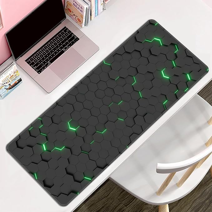 Green Hexagon Honeycomb Desk Mat, XL 31.5"x11.8" Large Mouse Pad, Geometric Extended Gaming Mouse Mat,Non-Slip Rubber Base Waterproof with Stitched Edges for Gaming Office Home Decor - Image 7