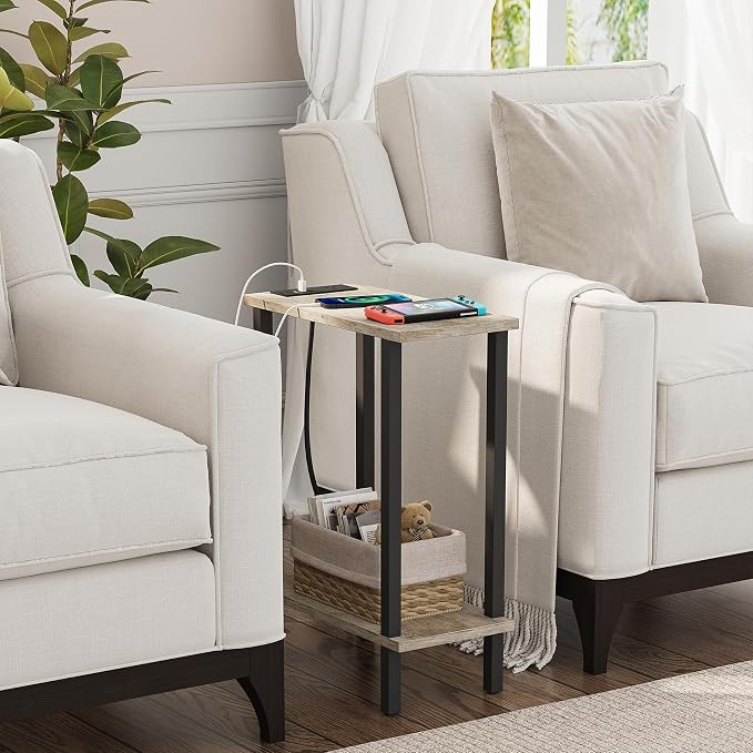 TUTOTAK Narrow Side Table, 2-Tier Small End Table with Charging Station - Image 2