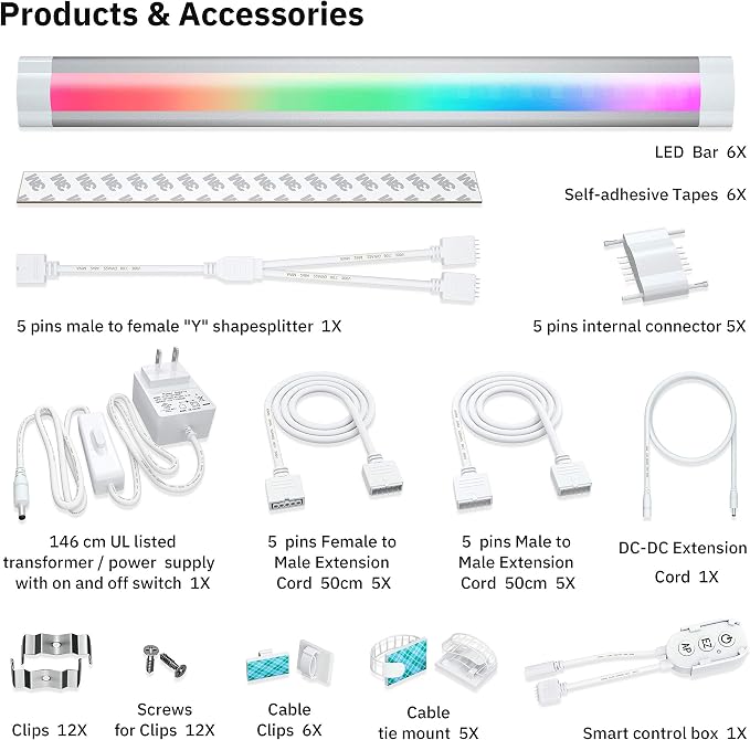 Smart Under Cabinet Lighting with Remote,RGB Cabinet Lights,Color Changing LED Strip Lights for PC,Kitchen Under Counter Lighting Plug in,Shelf Lights,LED Light Bar,Work with Alexa,Google,App,6pcs - Image 8
