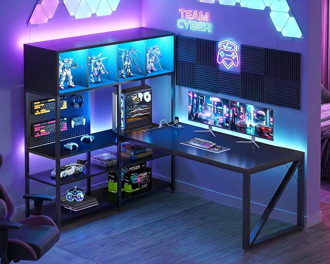 AODK 63" L Shaped Gaming Desk with Display Hutch and Large Desktop, Black | LED Lights, Power Outlets, PC Tower Display Shelf, Pegboard, Storage Shelves, Reversible Layout for Gaming and Home Office - Image 3