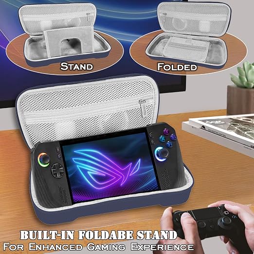 ADVcer Rog Ally X Handheld Case, EVA Waterproof Hard Shell Protective Travel Case with Internal Collapsible Game Console Stand, Velvet Soft Lining, Double Zipper, Carrying Handle for Rog Ally X (Blue) - Image 3