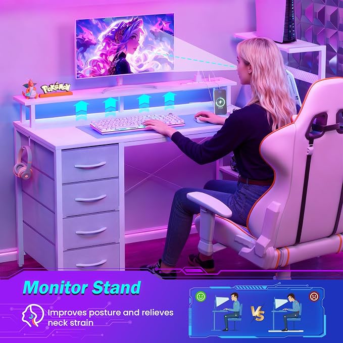 59 Inch Gaming Desk with Drawers & PC Tower Stand & LED Lights, White - Image 8