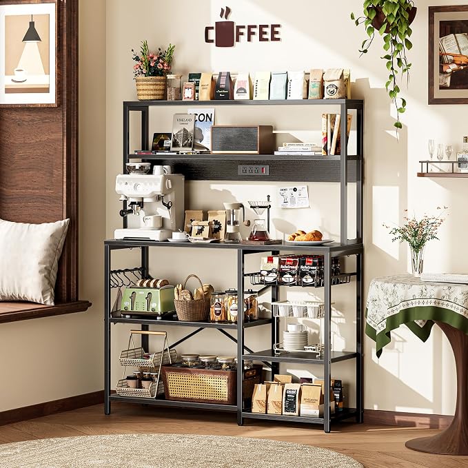 SUPERJARE Bakers Rack with Power Outlet, 47.2 Inches Coffee Bar with Basket - Image 9