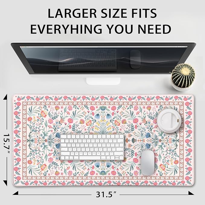 Large Gaming Mouse Pad Desk Mat 31.5"x15.7" Pink Floral | Extended Mousepad, Non-Slip Rubber Base , Stitched Edges, for Computer/Laptop/Office/Home - Image 7