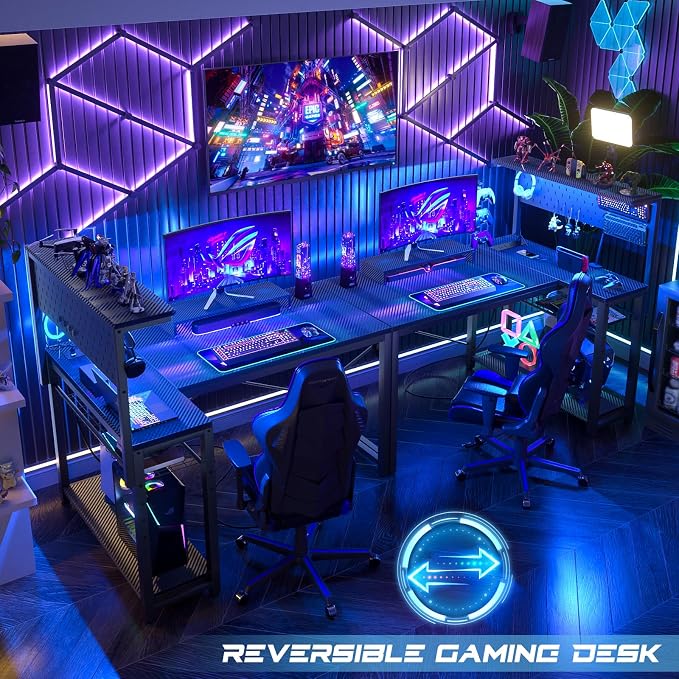 Homieasy Small Gaming Desk with Power Outlets Pegboard LED Light, 43 Inch L Shaped Computer Desk with Monitor Stand Storage Shelves, Reversible Corner Desk with Headset Hooks, Carbon Fiber Black - Image 5