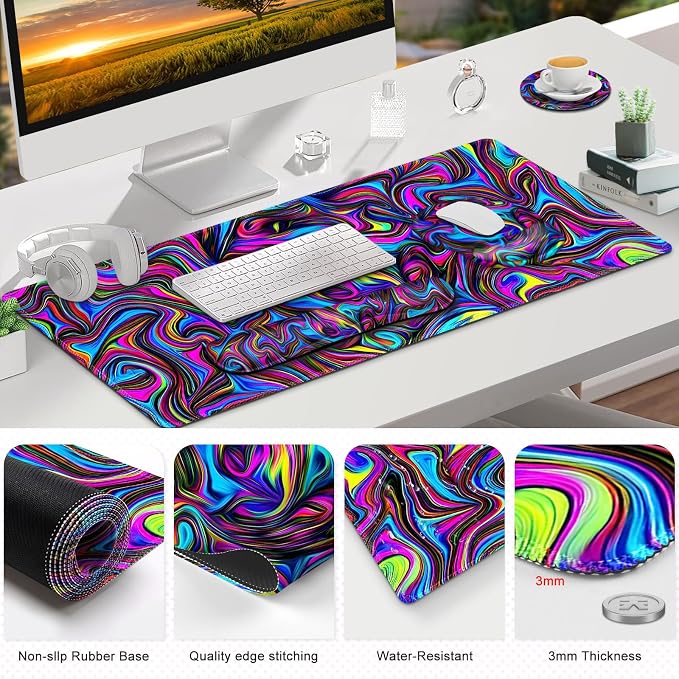 Gaming Mouse Pad, Large Desk Mat, Cute Desk Pad Protector, 4in1 XXL Mousepad + Keyboard Wrist Rest+Mouse Wrist Rest+Coaster Set with Ergonomic Desk Pad for Home Office Computer, Dazzling Bright Color - Image 8