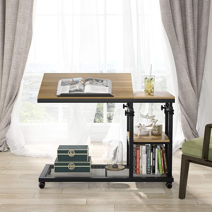 Tribesigns Height Adjustable C Table with Wheels, Mobile Couch Snack Side Table with Tiltable Drawing Board, Sofa Bedside Laptop Stand C Shaped TV Tray with Storage Shelves (Black+Oak) - Image 4