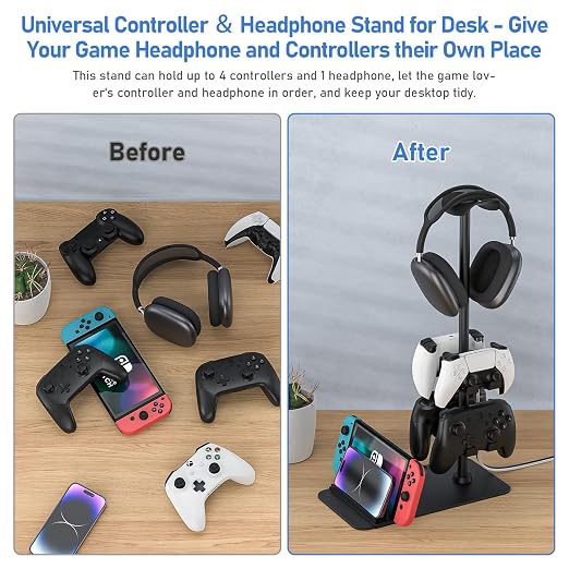 MANMUVIMO Headset Stand Controller Holder for 1 Headset and 4 Controller, Headphone Game Controller Stand for Desk, Gamer Gifts, Organizer Rack for iPad/Mobile Phone, Gaming Room Accessories - Image 5