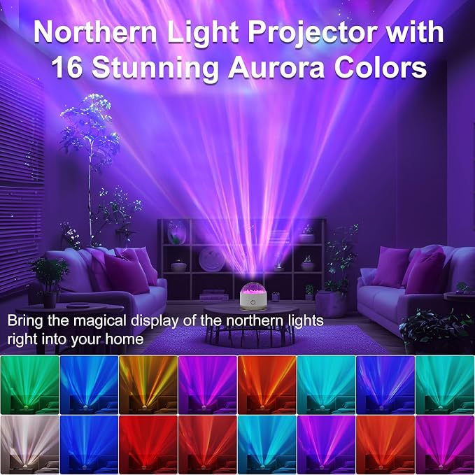 HUMIIEYE Northern Light Projector, Battery Operated Aurora Night Light, 16 Colors Galaxy Lamp Ocean Wave Ceiling Projector Mood Ambient Lighting for Bedroom Party Adults Kids Room Toddler Girl Gift - Image 3