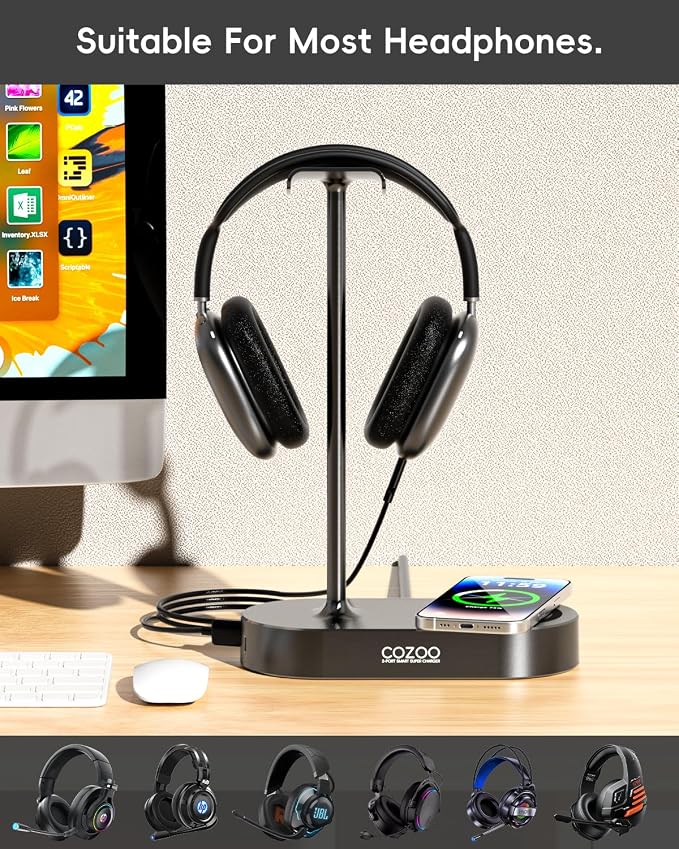 cozoo 15W Wireless Charging Headphone Stand with USB & Type-C Ports, Desktop Gaming Headset Holder, Cool Gaming Accessories & Tech Gifts for Men Teen Boys,Gamer Gifts, for Boyfriend and Teens - Image 4