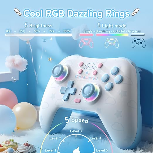 Kuitmor Cinnamoroll Dog Switch Pro Controller, Cute Hall Effect Wireless Gamepad No Drift for Switch 2/Switch/OLED/Lite, PC/Steam, Android, iOS, Bluetooth + Wired, Turbo, Back Buttons, 6-Aixs Gyro, Wake-up, RGB (Blue, With Receiver) - Image 4