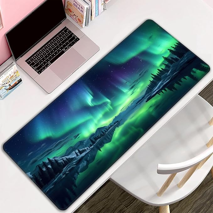 Green Aurora Desk Mat, XL 31.5"x11.8" Large Mouse Pad, Aesthetic Extended Gaming Mouse Mat,Non-Slip Rubber Base Waterproof with Stitched Edges for Gaming Office Home Decor - Image 8
