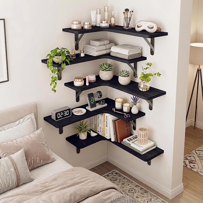 Fixwal Conner Shelves Wall Mounted for Decor, Black Set of 5 - Image 7