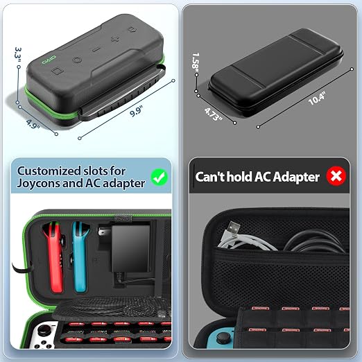 OIVO Switch OLED Carrying Case Compatible with Nintendo Switch & OLED, Portable Switch Travel Carry Case Fit for Joy-Con and Adapter, Hard Shell Protective Switch Pouch Bag with 20 Games, Green - Image 6