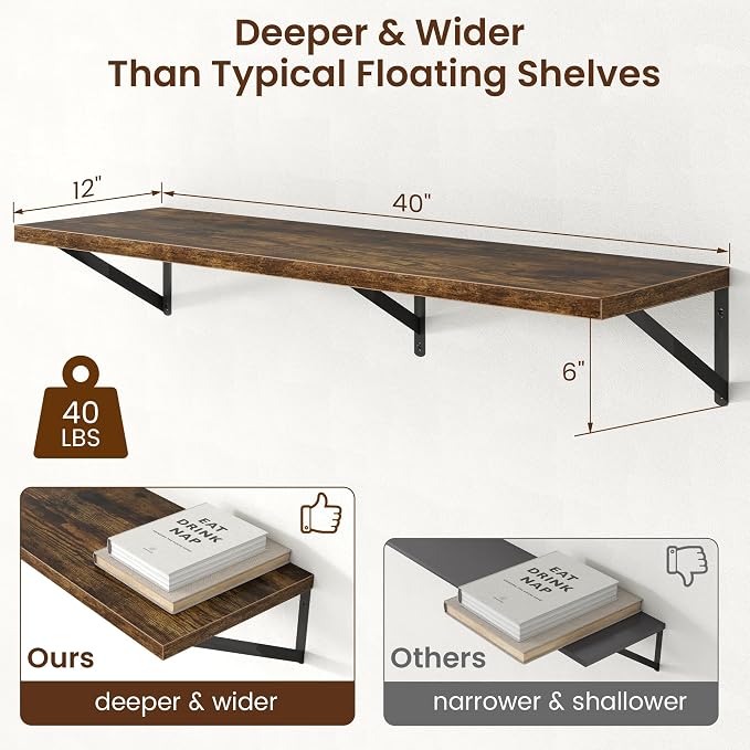 Axeman Deep Floating Shelves - 40 Inch Floating Shelves Set of 2-12 Inch Deep Brown Wood Wall Shelves for Living Room Bathroom Kitchen - Image 3