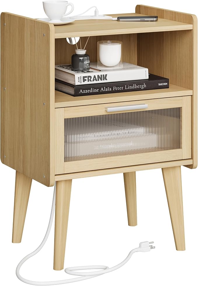 MMEOLUOOK Nightstand with Charging Station, Bedside Tables with Glass Decorative Door, Natural End Table, Side Table with 2 Tiers Storage Space for Bedroom Living Room CAMLBZ07YE by MMEOLUOOK