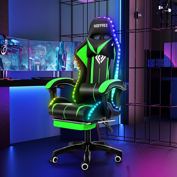 RGB Gaming Chair with LED Lights Massage Ergonomic Computer Chairs-Green | High Back Video Game Chair with Footrest & Adjustable Lumbar Support Gamer Chairs for Adults Racing Style Recline - Image 2