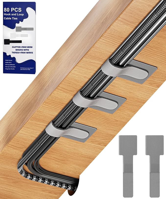 80PCS Hook and Loop Cable Ties, Under Desk Cable Management, Adhesive Cable Straps, Cord Management Hider Idea, Cord Organizer for Desk, Computer Accessories, Home Office Organization, Gray by BTPIEL