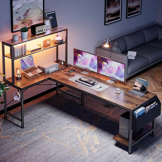PRAISUN L Shaped Gaming Desk with LED Lights & Power Outlets | Reversible Computer Desk with Storage Shelves & Bag, Large Corner Home Office Desk for Work from Home, Rustic Brown - Image 7
