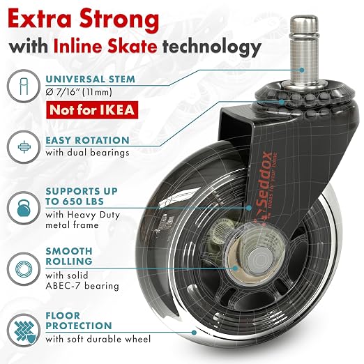 Office Chair Wheels Replacement Set of 5 - Desk Chair Casters for Hardwood & Carpet - Heavy Duty & Safe for All Floors - Universal Fit for Most Computer Gaming & Office Chairs - 3 Inch - Image 4
