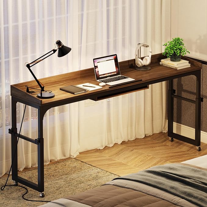 Tribesigns Height Adjustable Overbed Table with Wheels, Queen Size Over Bed Desk with Adjustable Tilt Stand, Mobile Laptop Cart Computer Desk with Outlets & USB Ports (Dark Gray) - Image 7