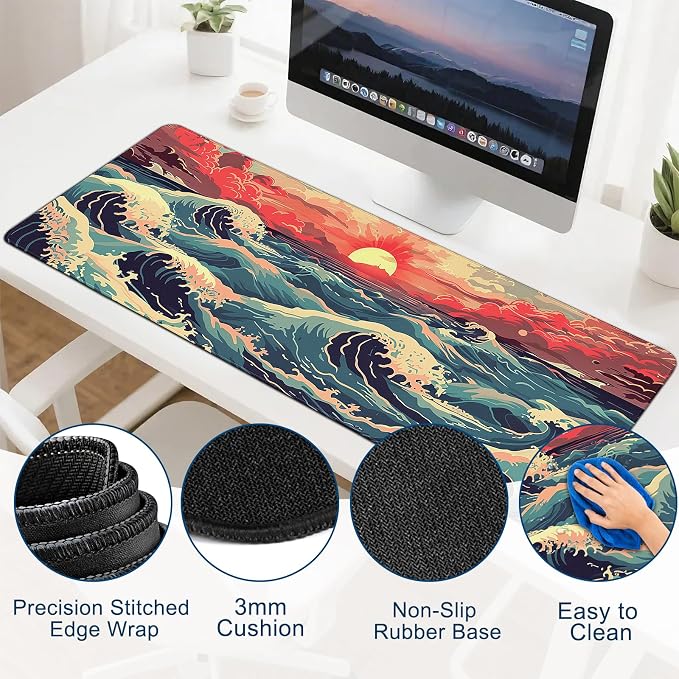 Gaming Desk Mat with Silky Smooth Surface & Exquisite Patterns,31.5x11.8 Inches Large-Sized Mouse Pad, Perfect for Extended Gaming,Work,and Home Office Decor (Japanese Waves 1) - Image 5