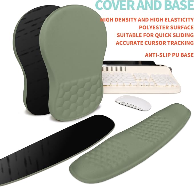 2-in-1 Ergonomic Set, Wave Rise Keyboard Wrist Rest and Massage Bulge Slope Mouse Pad Wrist Support, Cushion Memory Foam Integrated to Relieve Wrist Pain, Olive Green - Image 6