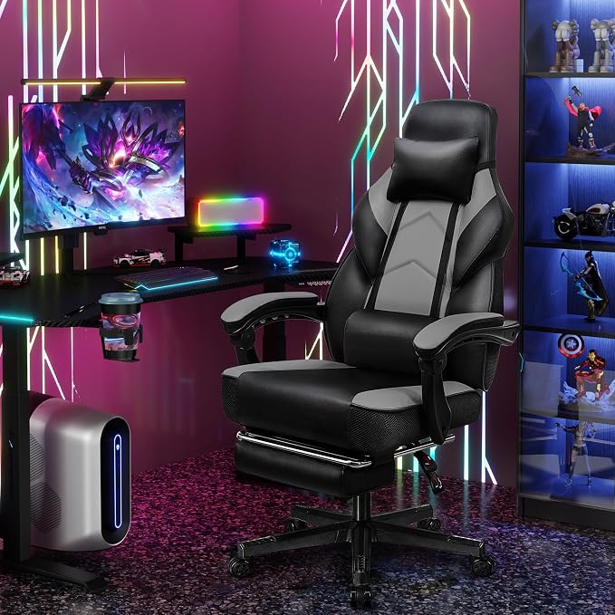 Gaming Chair for Adult, Computer Chair with Footrest Video Game Chair Big and Tall Gaming Chair with Massage Lumbar Support, Adjustable Height and 360° Swivel Seat(Grey) - Image 2