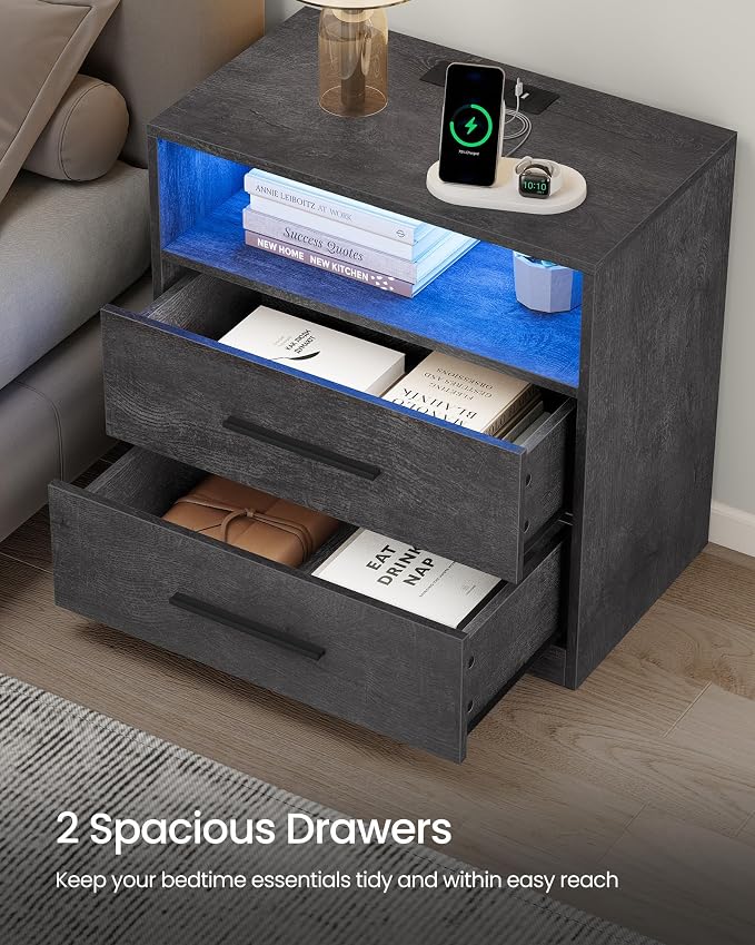 VASAGLE 23.6‑Inch Wide Nightstands, Set of 2, LED Lights, 2 Drawers - Image 6