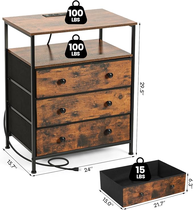 3-Drawer LED Nightstand Set 2 with Charging Station, Rustic Brown - Image 3