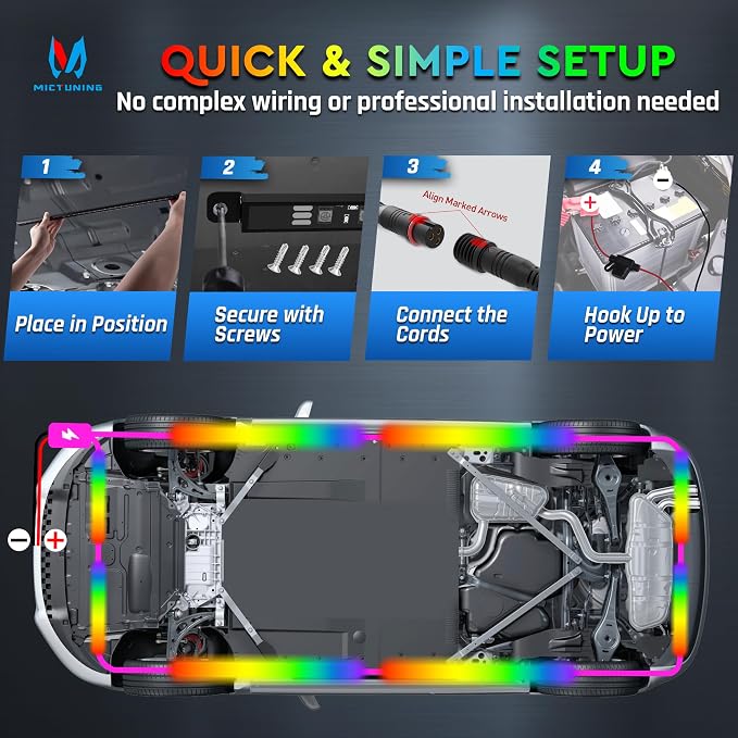 MICTUNING 8Pcs N8+ Chasing Color RGB+IC Underglow Neon Accent Strip Lights, 12V Multi DreamColor Music Soundsync Exterior Underbody Lights for Car, Wireless App & Remote Control, 2 Years Warranty - Image 4