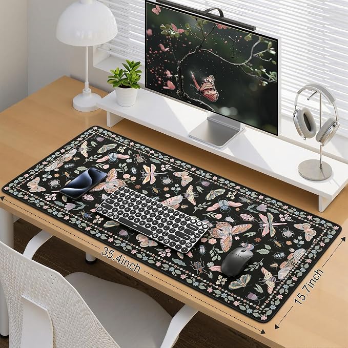 iCasso Black Large Mouse Pad, Desk Matt for Desktop, Insects | XXL Desk Mat for Keyboard and Mouse, Anti-Slip Big Mousepad Computer Mat with Stitched Edges - Image 3