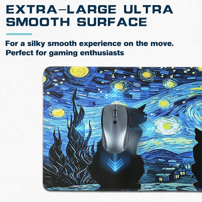 Mouse Pad Gaming - Desk Mat for Keyboard and Mouse - Van Gogh Starry Night Large Mouse Pads for Desk, Gaming Mousepad with Non-Slip Base, Desks Pad (31.5" X 11.8") for Game, Office and Home - Image 4