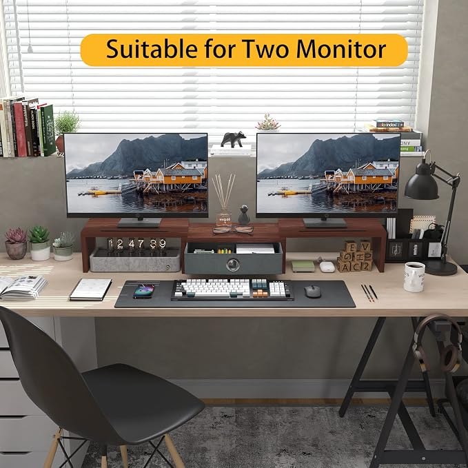 WESTREE Dual Monitor Stand Riser with Drawer - Adjustable Length and Angle, 2 Phone Hold, Desktop Organizer for Computer/Laptop/PC/Printer - Image 3