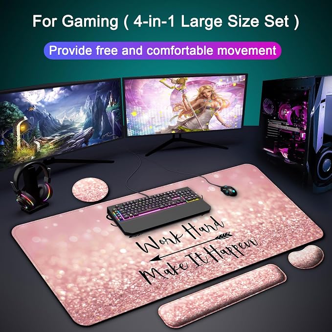4 in 1 Mouse Pad and Keyboard Wrist Rest,Large Desk Mat,Coaster Set-Pink - Image 8