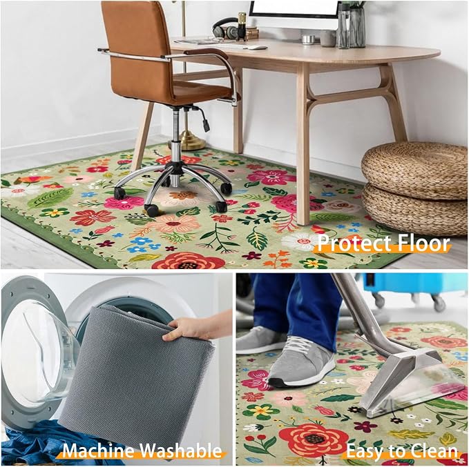 Office Chair Mat for Hardwood & Tile Floor,Boho Floral 60"x48" Office Computer Chair Mat for Rolling Chairs,Under Desk Non Slip Gaming Rug,Rubber Backing Large Low-Pile Carpet Protector Mat(Green) - Image 6