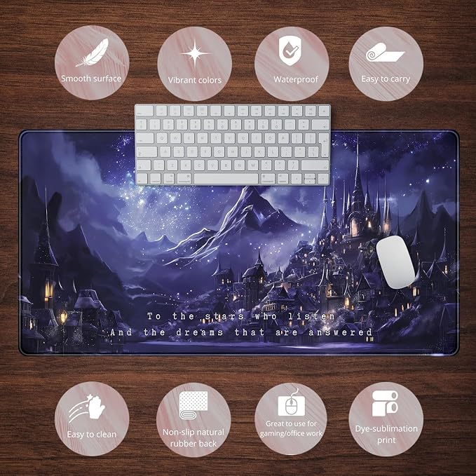 Night Purple Desk Mat Dark Academia Anime Computer Desk Keyboard Mat, 31.5 X 15.8 in Office Decor for Women Castle Aesthetics Mouse Pad XXL for Desktop Laptop Computer Mouse Gaming Pad - Image 6