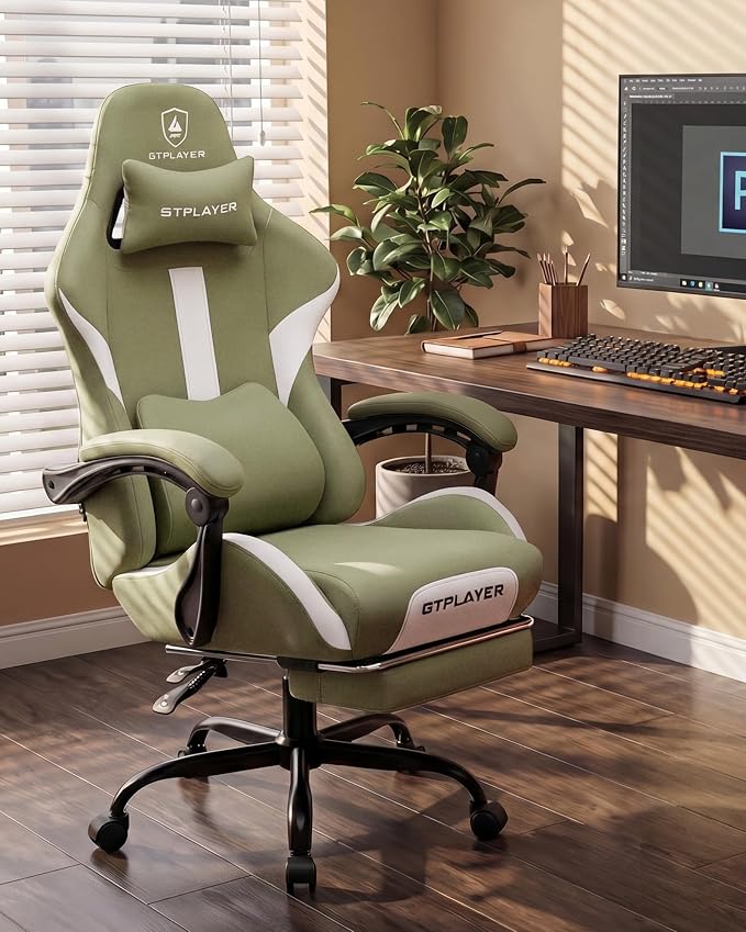 GTPLAYER Gaming Chair with Foot Rest & Pocket Spring Cushion, Ergonomic High Back Computer Desk Chair with Headrest & Lumbar Support for Back Pain Relief, Breathable Fabric, Green - Image 3