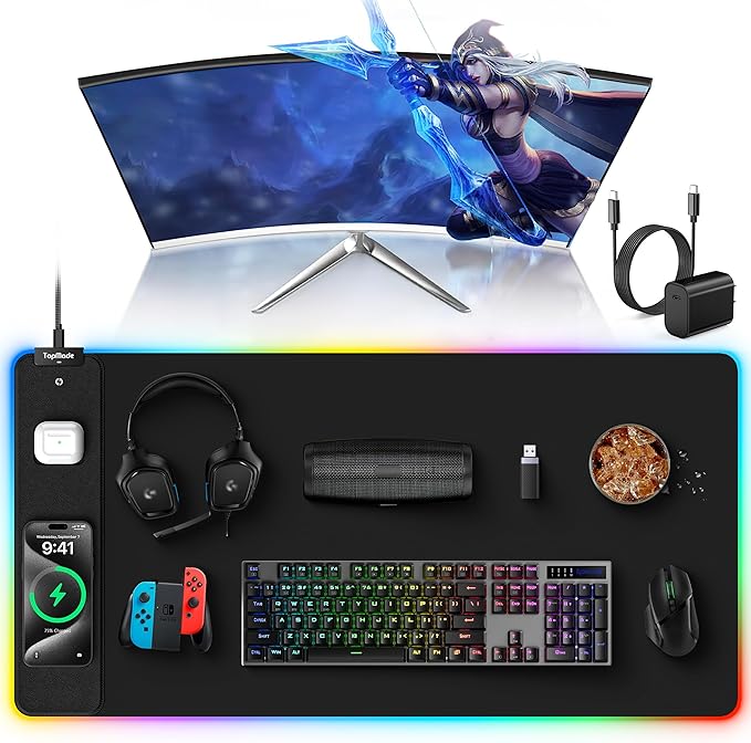 Wireless Charging RGB Gaming Mouse Pad, Desk Pad for MacBook, PC, Laptop | 31.5"x15.75" XXL Large Desk Mat, Waterproof Mousepad with 4 Light Modes & 11 RGB Colors, Ultra-Smooth Surface, Non-Slip Base by TopmadeProduct-Ordernow