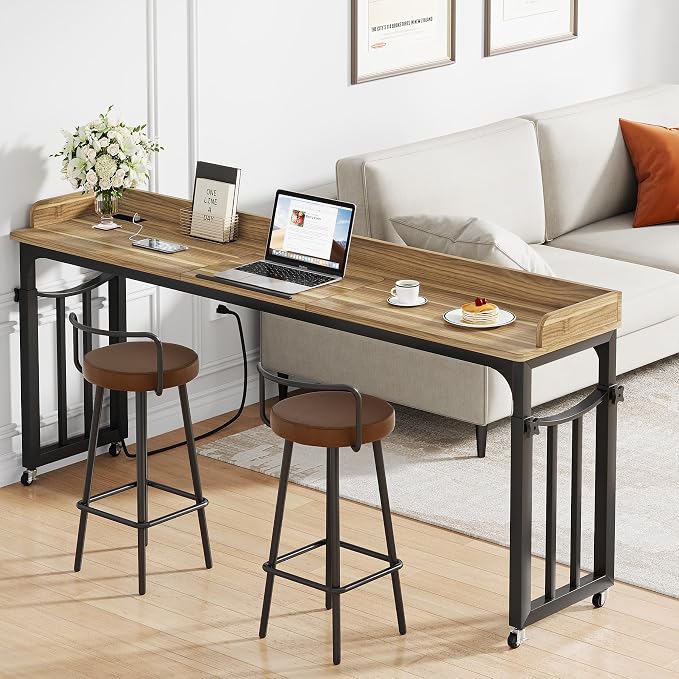 71 in Queen Size Overbed Table with Wheels, Light Brown - Image 6