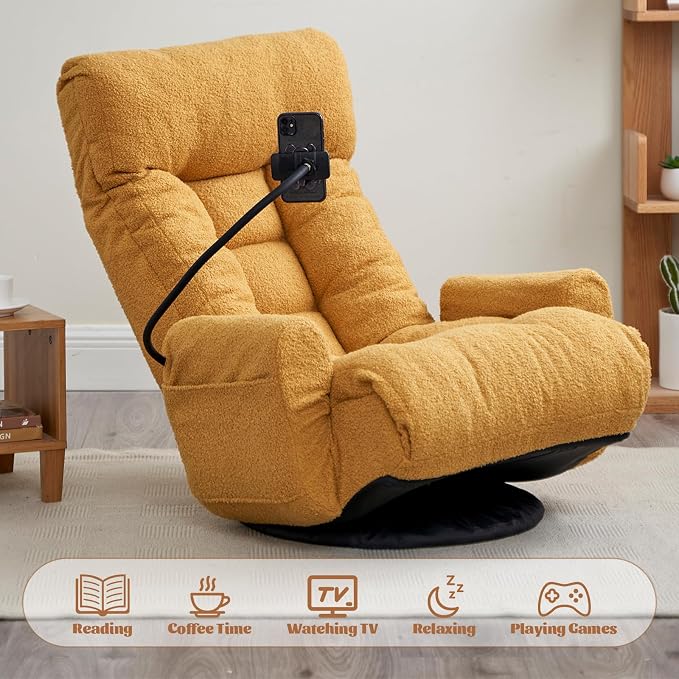 360° Swivel Floor Gaming Chair Teddy Folding Lounge Chair Sofa Chair with Adjustable Head and Waist, Armrests & Phone Holder, Padded Cushion Leisure Chairs for Living Room Bedroom (Yellow) - Image 8
