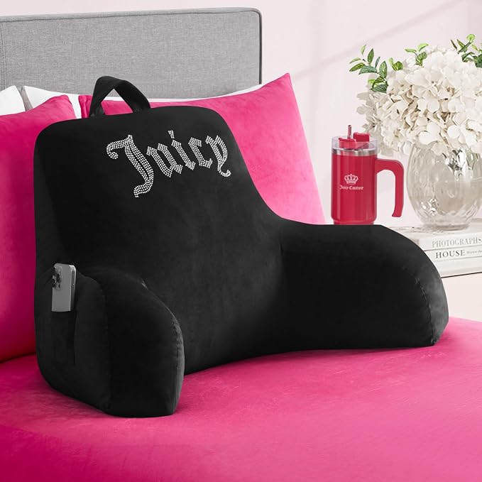 Juicy Couture Velour Backrest Pillow with Rhinestone Juicy Logo - 30"x17", Black Supportive Bed Rest Pillow for Reading, Gaming, or Relaxing by Unknown