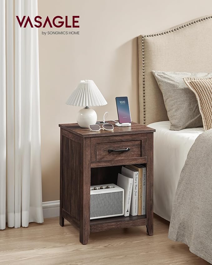 VASAGLE Farmhouse Nightstand with Charging Station, 1 Drawer - Image 2