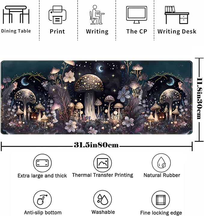 Teng DA Qing Cute Dark Mushroom Moon Night Mouse Pad XL Extended Gaming Mat with Stitched Edges, Computer Laptop Keyboard and Mouse Mat for Women Office Desk Decor, 31.5x11.8 in - Image 2