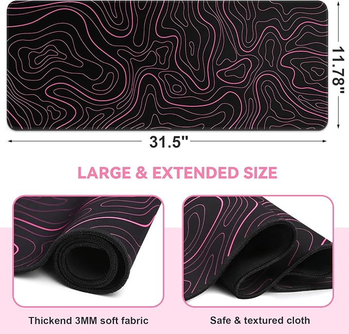 DIGSOM Gaming Mouse Pad, Black with Red Topographic Line, 31.5x11.8in | XL Mouse mat, Smooth surface, Anti-slip rubber base, For keyboard and mouse, For home and office use - Image 2
