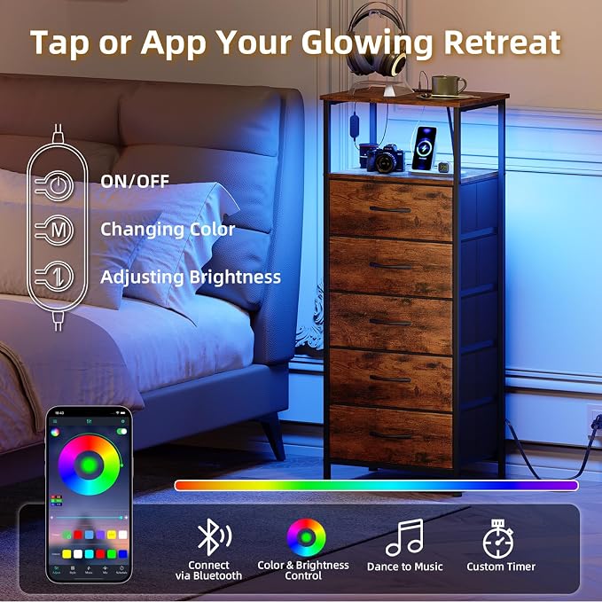 Somdot Tall Nightstand with 5 Drawers, Charging Station & LED Light - Image 4