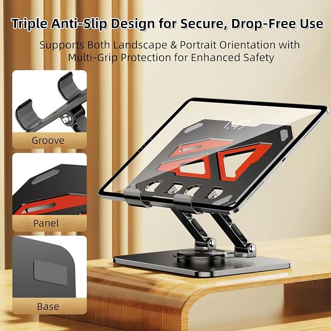 360° Rotatable & Adjustable Metal Tablet Stand for Desk, Foldable & Portable Tablet Holder, Compatible with iPad Pro/Air, iPhone, Universal Use for Office/Movie/Studying/Drawing/Gaming, Black - Image 3