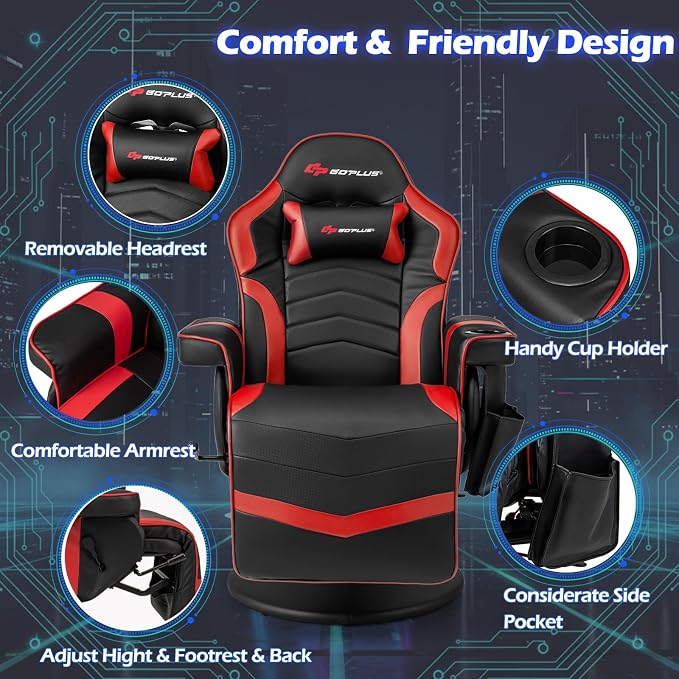 POWERSTONE Gaming Recliner, Adjustable Massage Gaming Chair with Cup Holder Footrest Ergonomic Single Sofa Living Room Home Theater Seating with Side Pouch (Red) - Image 4