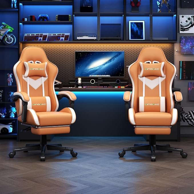 Gaming Chair Ergonomic Gamer Computer Office Chair,Footrest Lumbar Support | Reclining High Back, 400lbs Load, Pocket Spring Cushion, Adjustable Height, Linkage Armrests, 360° Swivel, Orange PU Leather - Image 2