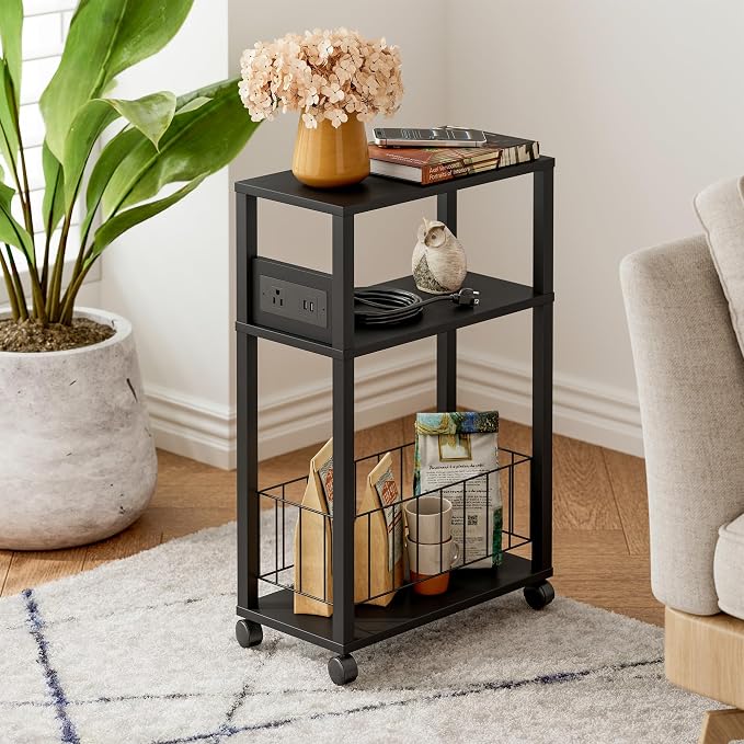 Rolling Side Table with Wheels, Narrow End Table with Charging Station - Image 3